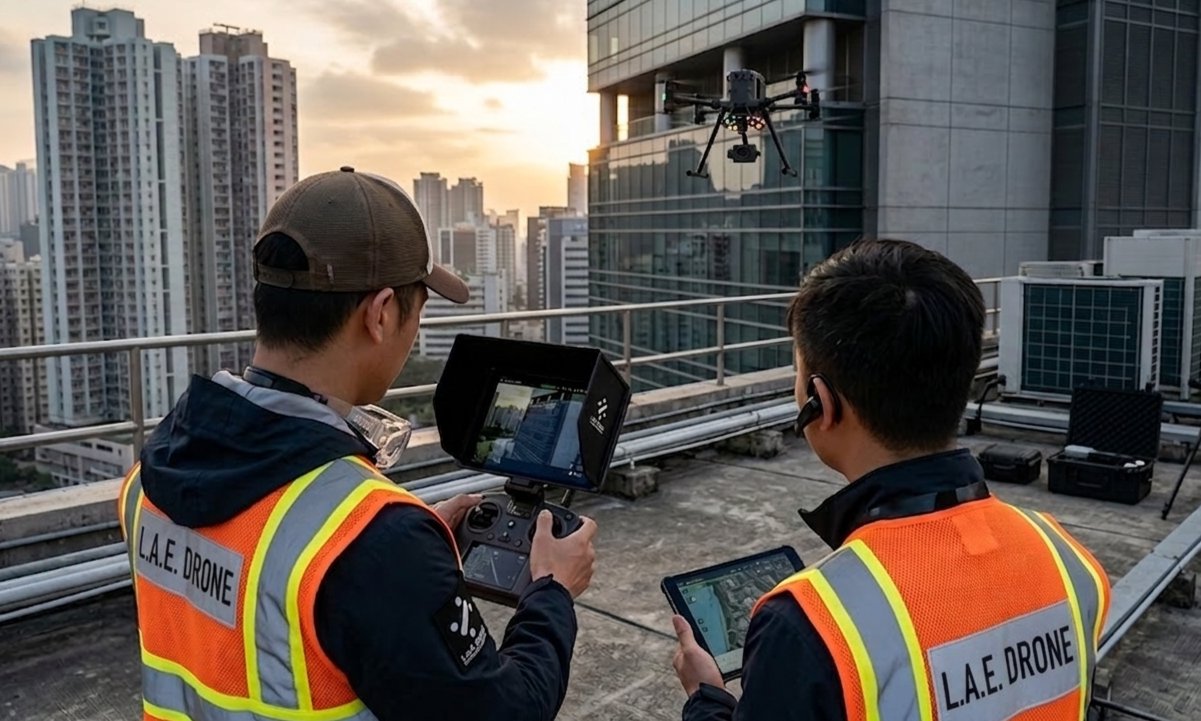 LAE Drone (HK) and SKYMIND LAE (MO) operators on rooftop Hong Kong